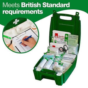 British Standard first aid kit with medical supplies in green box, checklist, UK compliant