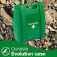 Green Evolution first aid kit case on rocky ground, durable design for medical supplies.