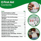 First aid kit contents list with images of applying plaster and wrapping bandage, various medical supplies.