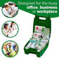 Green workplace first aid kit with medical supplies, shown in office and industrial settings.