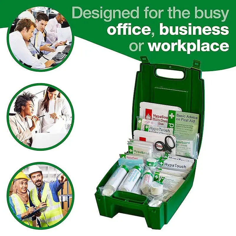 Green workplace first aid kit with medical supplies, shown in office and industrial settings.