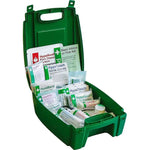 Green first aid kit with bandages, gloves, burn dressing, and medical supplies visible.
