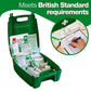 British Standard compliant first aid kit with medical supplies and checklist