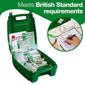 British Standard compliant first aid kit with medical supplies and checklist