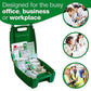 Green first aid kit with assorted medical supplies, suitable for office or workplace safety.