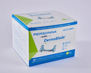 Box of 50 Schuco DermaBlade scalpels with sterile packaging, ideal for precise dermatological procedures.
