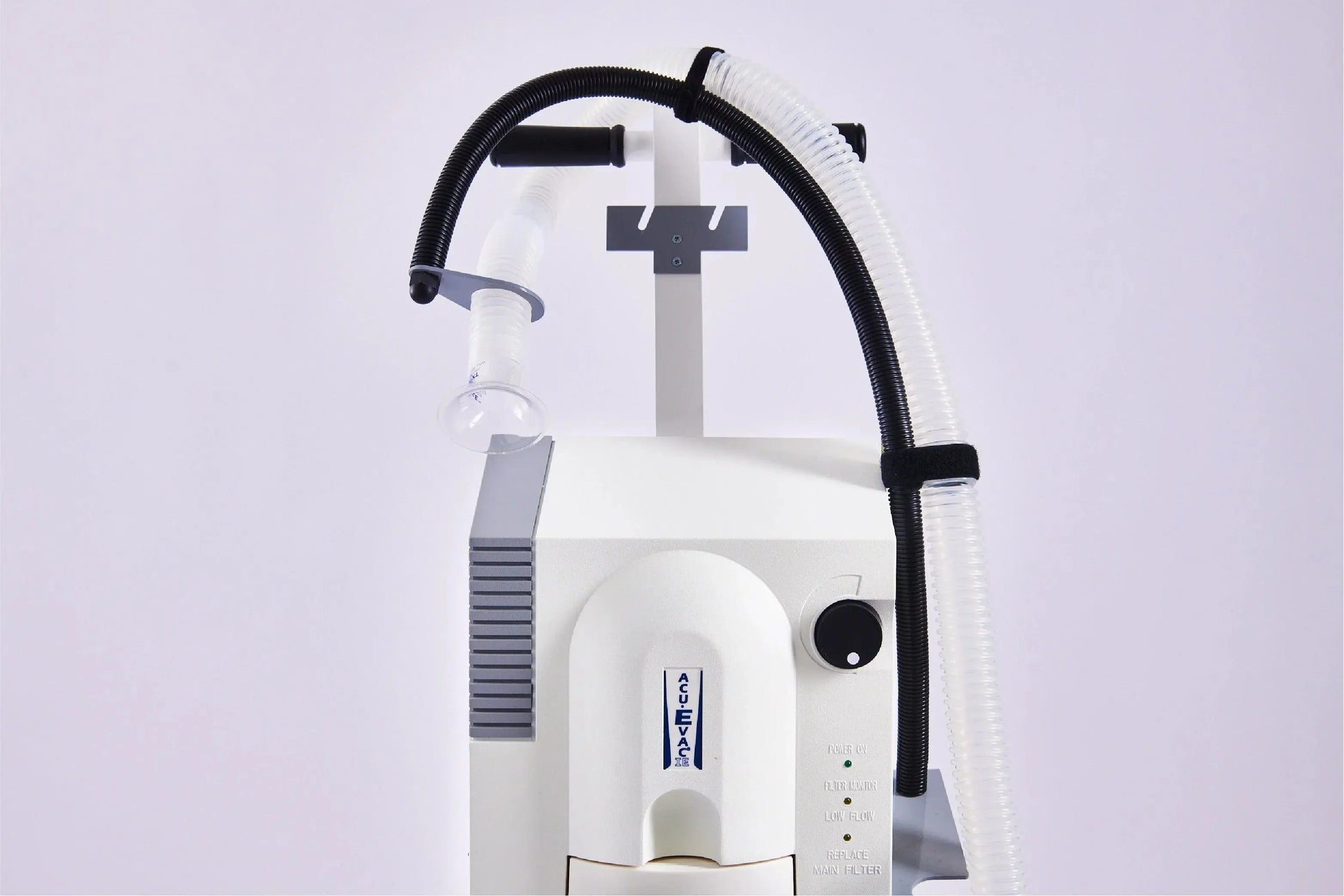 Acu-Evac Hyfrecator bracket with attached medical evacuation hose on a white background