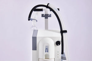 Acu-Evac Hyfrecator bracket with attached medical evacuation hose on a white background
