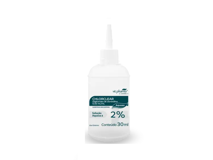 Schuelke Chlorclear 2% aqueous solution bottle with label, clear liquid inside, used for medical or laboratory purposes