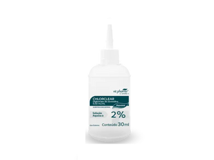 Schuelke Chlorclear 2% aqueous solution bottle with label, clear liquid inside, used for medical or laboratory purposes