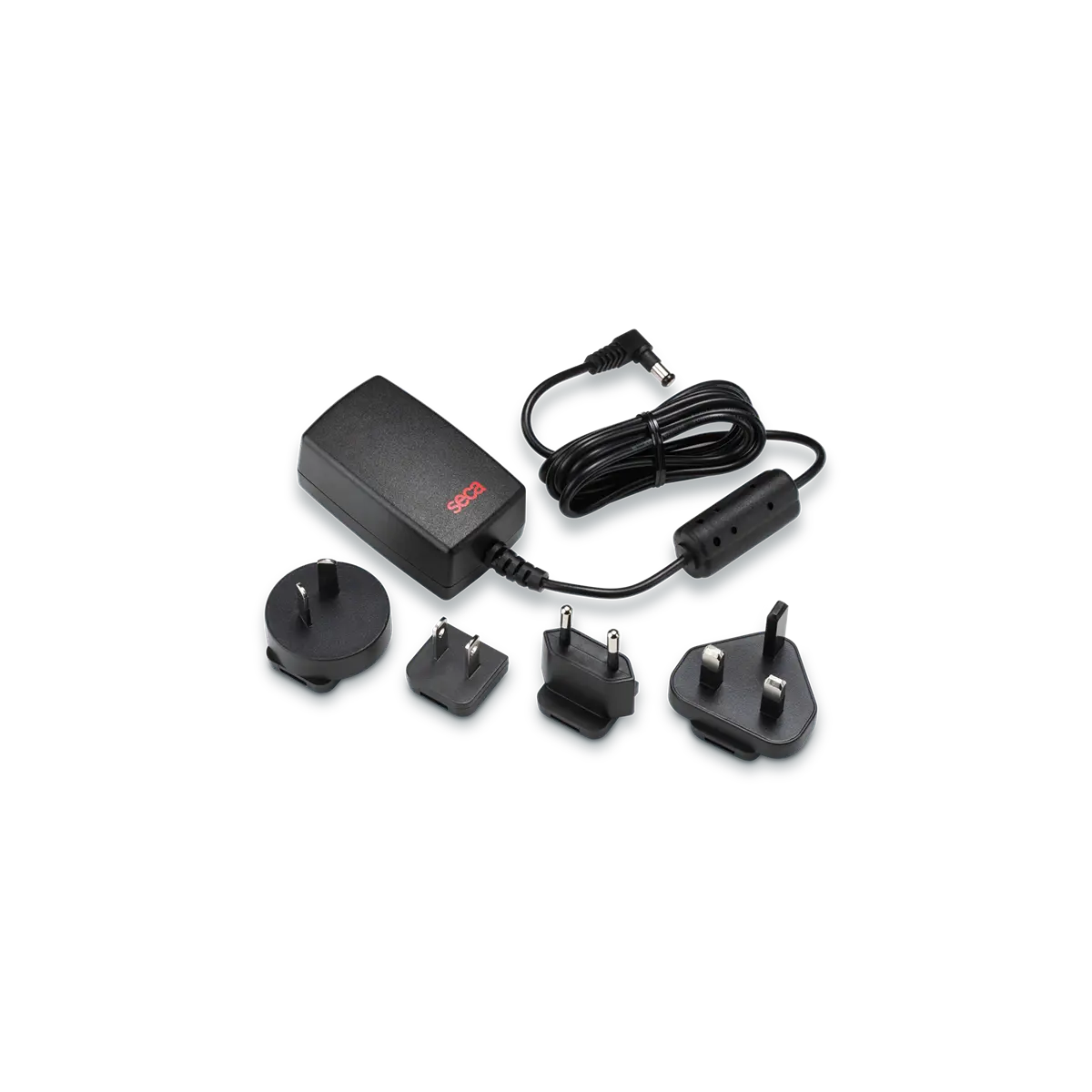 Medical power adapter with multiple international plug types on black background