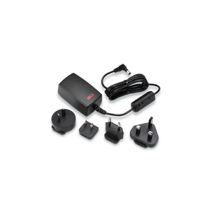 Medical power adapter with multiple international plug types on black background