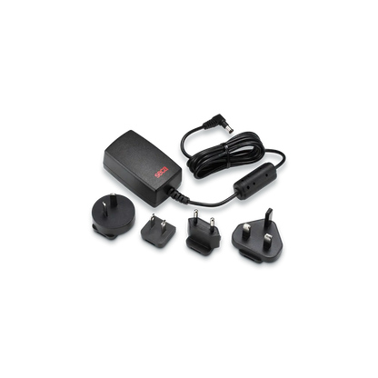 Medical power adapter with multiple international plug types on black background