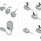 Universal power adapter with interchangeable plugs for USA, Europe, Australia, and UK, assembly instructions included.