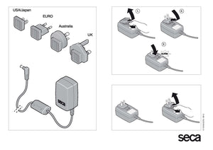 Universal power adapter with interchangeable plugs for USA, Europe, Australia, and UK, assembly instructions included.