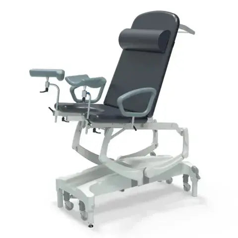 Adjustable medical examination chair with armrests and leg supports on white background