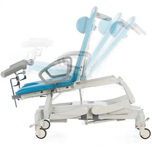 Adjustable medical tilt chair with wheels and blue cushioned seat for patient care