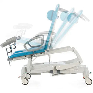 Adjustable medical tilt chair with wheels and blue cushioned seat for patient care