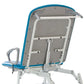 Adjustable medical chair with blue cushioned seat and backrest, metal armrest and frame