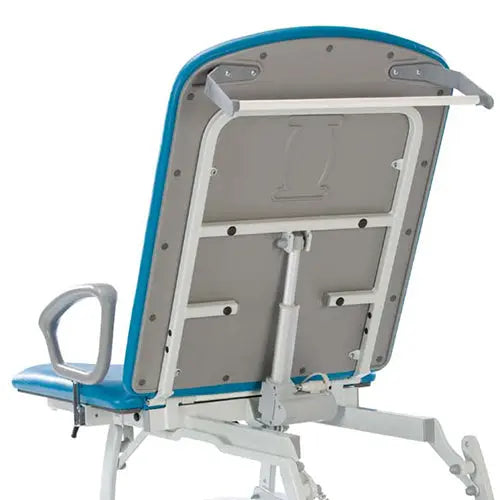 Adjustable medical chair with blue cushioned seat and backrest, metal armrest and frame