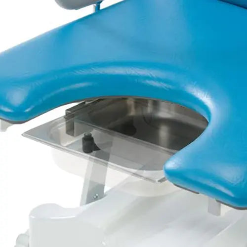 Close-up of a blue adjustable medical examination chair with stainless steel tray beneath seat