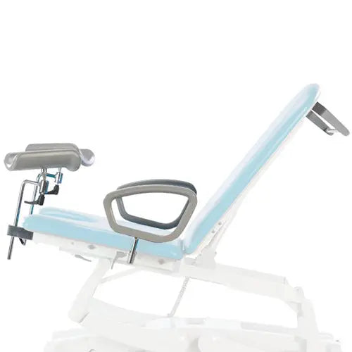 Adjustable medical examination chair with blue cushioning and leg supports