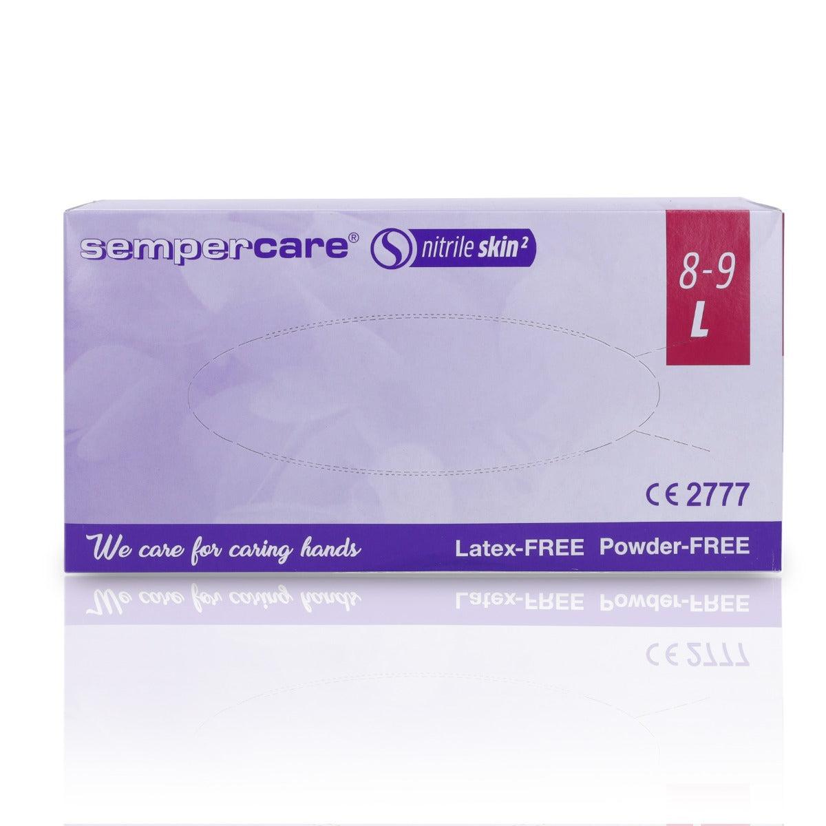 Large Sempercare Skin2 Nitrile Gloves by SemperMed, 200-pack, showing textured blue gloves for medical or industrial use.
