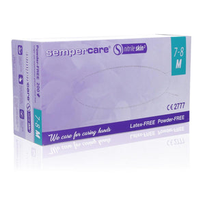 Pair of SemperMed Skin2 Nitrile Gloves in medium size, showing the textured surface and packaging for medical or industrial use.