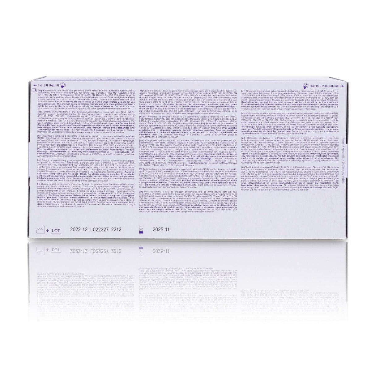 SemperMed Sempercare Skin2 nitrile gloves in medium size, pack of 200, showing textured surface and flexible material.