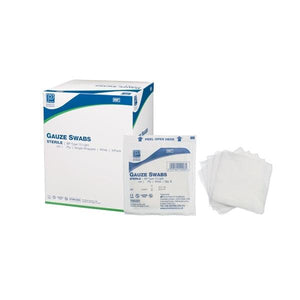 Sterile Shermond 12-ply gauze swabs, 5x5 cm, white, pack of 150, used for medical wound care and dressing.