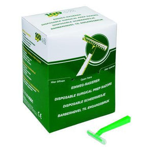Shermond universal non-sterile disposable prep razor with a single-sided blade, pack of 100, suitable for medical or clinical prep.