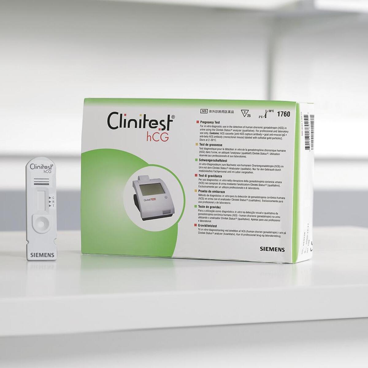 Siemens Clinitek Status+ Clinitest HCG test kit box with 25 tests for pregnancy detection and urinary analysis.