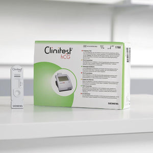 Siemens Clinitek Status+ Clinitest HCG test kit box with 25 tests for pregnancy detection and urinary analysis.