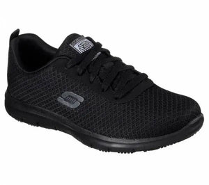 Skechers Ladies Safety Trainers Ghenter Bronaugh in black with durable safety features and supportive design for work environment.