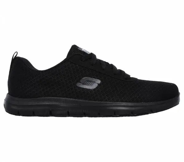 Skechers ladies safety trainers Ghenter Bronaugh with durable design and safety features, in black with cushioned insoles.