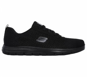 Skechers ladies safety trainers Ghenter Bronaugh with durable design and safety features, in black with cushioned insoles.