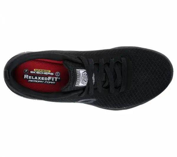 Skechers Ladies Ghenter Bronaugh safety trainers in black with reinforced toe and slip-resistant sole, designed for workplace safety.