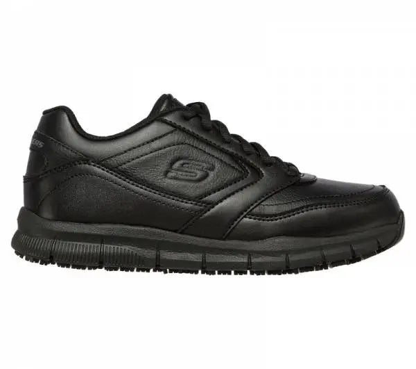 Sketchers ladies Nampa Wyola trainers in black with white soles, featuring breathable mesh uppers and lace-up design.