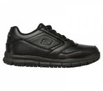 Sketchers ladies Nampa Wyola trainers in black with white soles, featuring breathable mesh uppers and lace-up design.