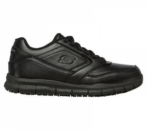 Sketchers ladies Nampa Wyola trainers in black with white soles, featuring breathable mesh uppers and lace-up design.