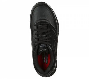 Sketchers Ladies Nampa Wyola trainers in black with white soles, featuring breathable mesh upper and cushioned insoles.