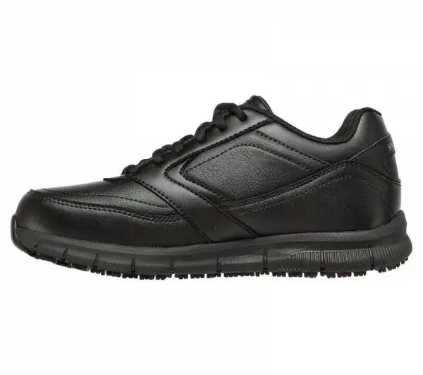 Sketchers Ladies Nampa Wyola trainers in black with white soles, featuring a sporty design and breathable mesh upper.