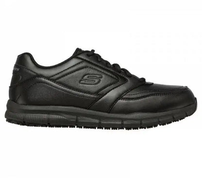 Black Skechers men's Flex Advantage shoes with cushioned soles and sporty design, shown from a side angle.