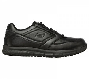 Black Skechers Men's Nampa SR shoes with breathable mesh and cushioned soles, designed for comfort and everyday wear.