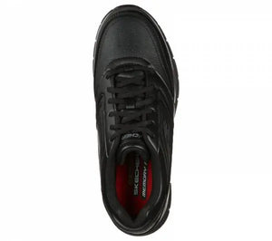 Black Skechers men's Nampa SR shoes with cushioned soles and casual lace-up design, suitable for everyday wear.