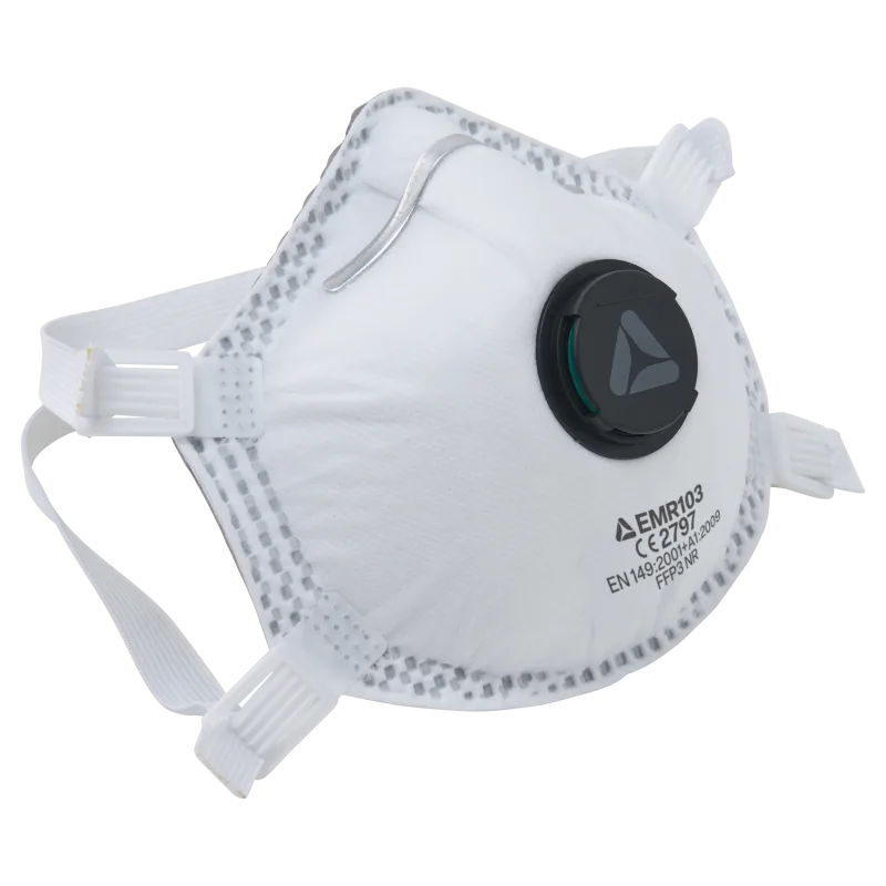 Skytec EMR103 FFP3V cup-shaped disposable respirator mask, shown in box of 10, designed for respiratory protection.