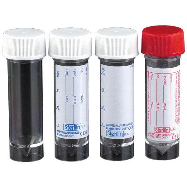 Sterilin 30ml urine sample collection bottle with printed label and Boric Acid, shown with multiple bottles in the image.