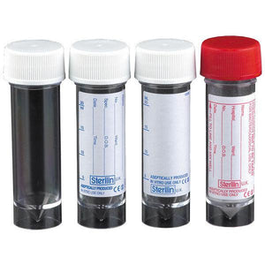 Sterilin 30ml urine sample collection bottle with printed label and Boric Acid, shown with multiple bottles in the image.