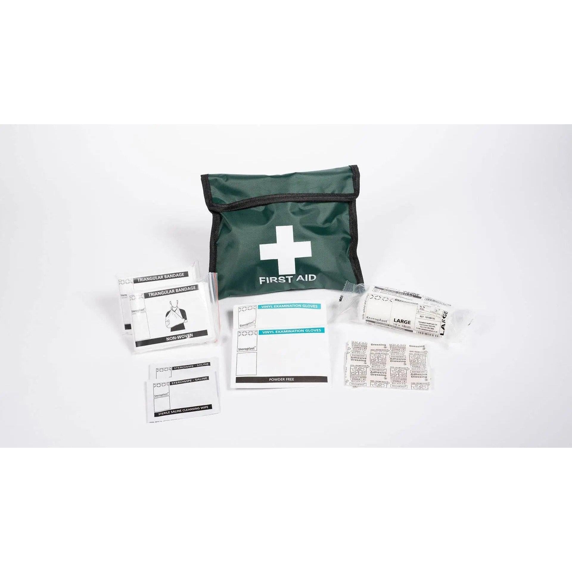 Steroplast 1-person first aid kit bag with essential medical supplies for emergency injury treatment.