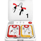 Automated external defibrillator with open lid showing electrode pads and usage instructions